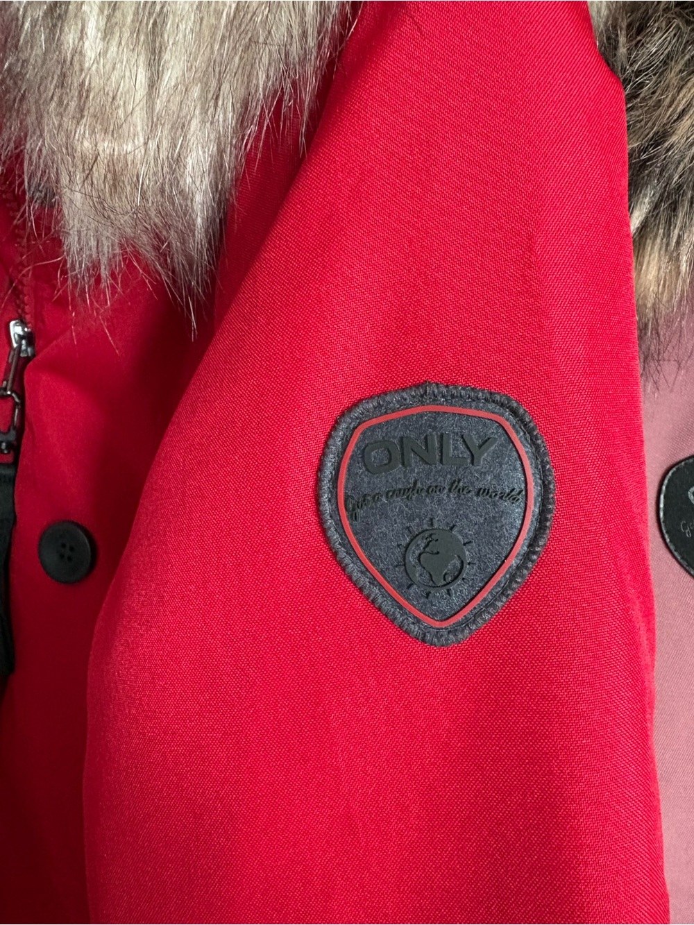 ONLY Women's Red Puffer Parka with Faux Fur Trim